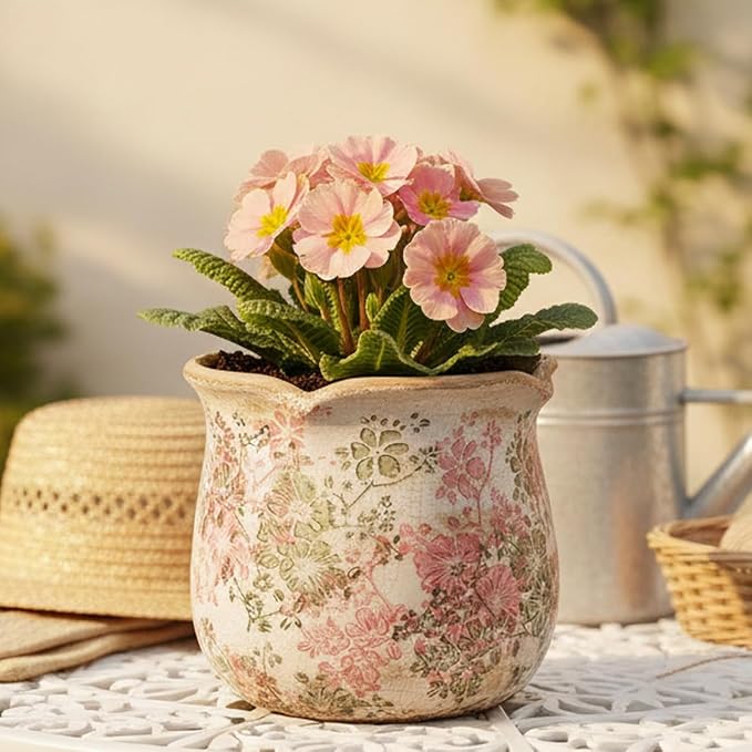 Ceramic Pots for Plants, Pink Colorful Vintage Plant Pot with Drainage Hole | 6.11 Inch Crackle Glaze Planter for Indoor/Outdoor Plants, English Cottage Shabby Chic Home Decor, Pastel Meadow