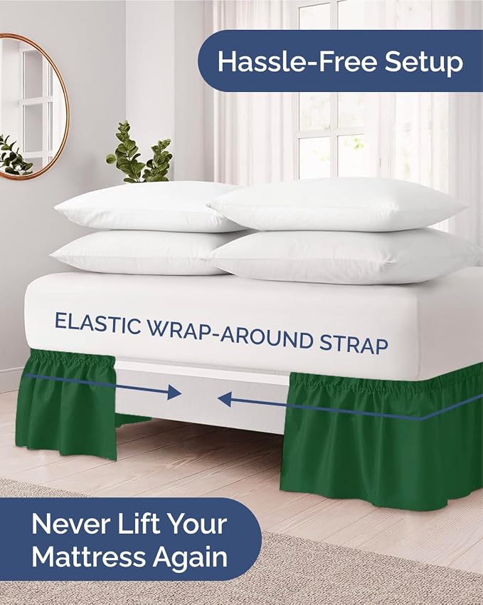 Wrap Around Dust Ruffle Bed Skirt - Emerald Green - for Queen Size Beds w/ 9 Inch Drop - Easy Fit Elastic Strap - Adjustable Pleated Bedskirt Brushed Fabric - Wrinkle-Free - Women, Men, Kids & Teens
