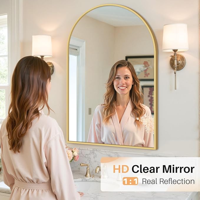 Bathroom Mirror for Wall, 38x26 Inch Arched Mirror, Matte Gold Metal Framed Bathroom Vanity Mirrors for Restroom Farmhouse, Anti-Rust, Tempered Glass, Hanging or Leaning