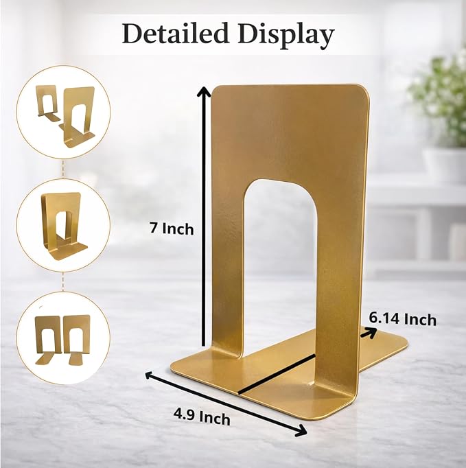 Alessk Gold Metal Bookends for Shelves – Heavy Duty Decorative Bookends for Heavy Books – Modern Book Ends for Home Office Bookshelf – 1 Pairs (2 Pieces)
