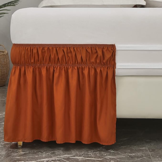 MEILA Wrap Around Elastic Bed Skirt for Queen & King Beds, 24" Drop,Caramel | Three-Side Adjustable Elastic Dust Ruffle, Ruffled Polyester Fabric, Easy to Install, Fade Resistant & Machine Washable