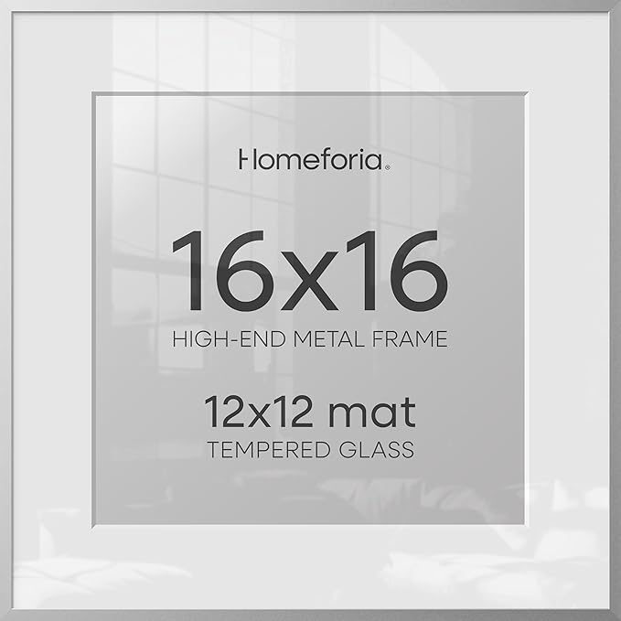 Homeforia 16x16 Silver Picture Frame, High-End Metal, 12x12 Mat, Glass