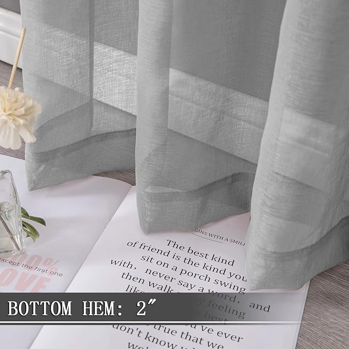 Tollpiz Sheer Curtains Linen Textured Bedroom Curtain Sheers Light Filtering Rod Pocket Voile Curtains for Living Room, 54 x 63 inches Long, Silver Grey, Set of 2 Panels