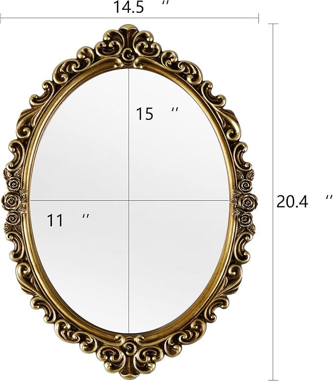 OIGUMR Medium Oval Wall Mirror Resin Frame Size：20.4 x 14.5 inch | Vintage Hanging Mirrors for Bedroom Living-Room Dresser Decor Gold