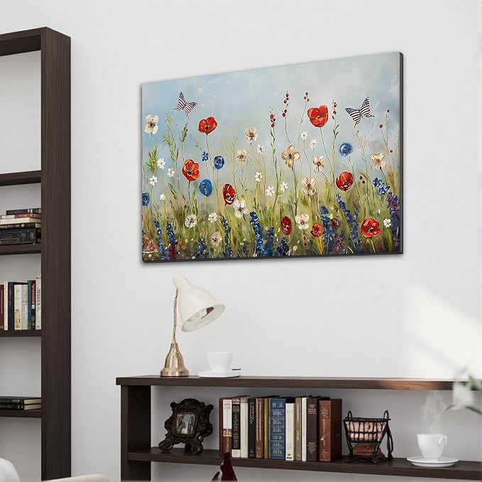 Framed American Flag Butterfly Wildflower Wall Art, Patriotic Floral Canvas Art Pictures, USA Flag Wall Decor, Made in USA Ready to Hang for Living Room Bedroom