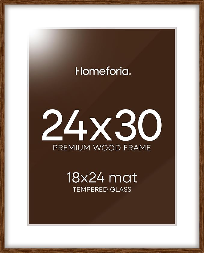 Homeforia 24x30 Brown Oak Picture Frame, High-End Wood, 18x24 Mat, Glass
