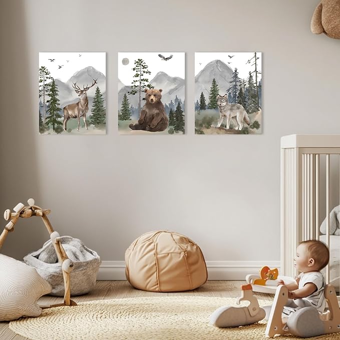1 KINGO Woodland Animal Nursery Wall Art: 16"x24" Forest Wildlife Prints Canvas Posters Set of 3, Wolf Bear Elk Pictures Nursery Wall Decor for Kids' Bedroom, Boys & Girls Room
