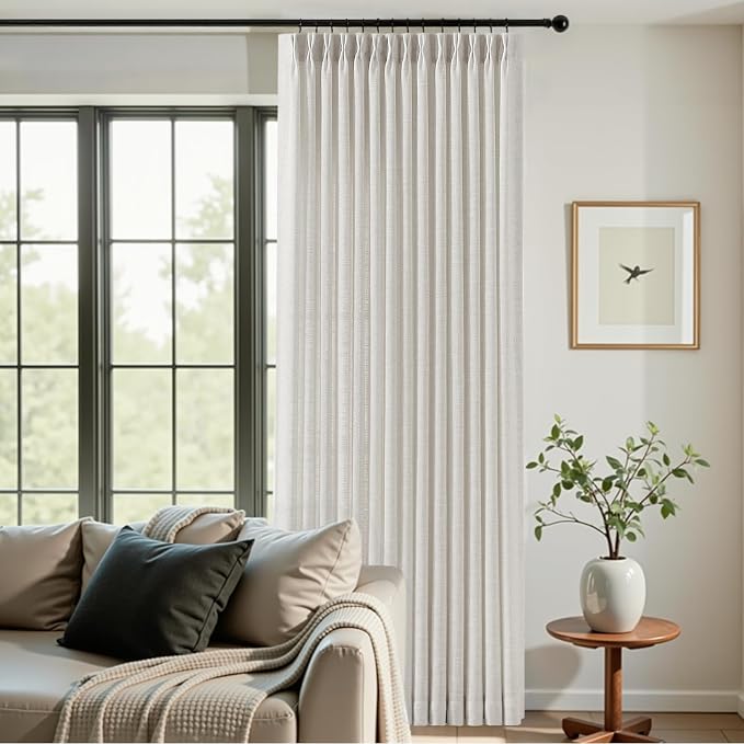 IVAPUPU Extra Wide Pleated Linen Curtains Semi Sheer Drapes Light Filtering | Living Room, Linen Blend, Sliding Door, Linen Blend, Hook Rings, Large Window Drapes, Soft, 70x90, Beige White, 1 Panel