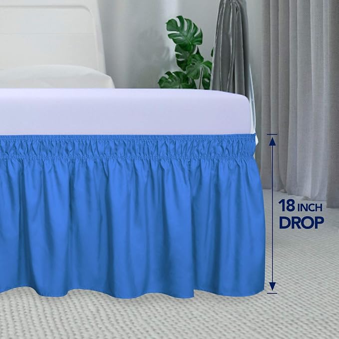 PureFit Wrap Around Ruffled Bed Skirt, Blue, Queen/King - 18" Drop | Wrinkle Free Bedskirt Dust Ruffles, Easy to Put On Frame Cover with Adjustable Elastic Belt