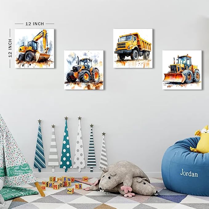 Cartoon Vehicles Canvas Wall Art Construction Room Decor for Boys Heavy Equipment Excavator Truck Tractor Pictures Kids Playroom Transport Car Poster Modern Artwork Nursery Bedroom Decoration 12x12”4P