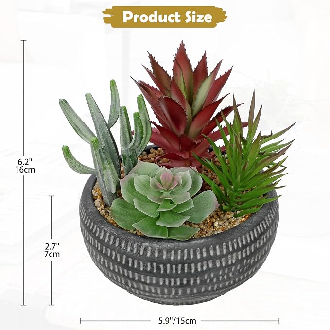 Briful Fake Succulents in Black Cement Pot, Artificial Succulent Plants Arrangement for Home Decor, Small Faux Potted Plants Tabletop Centerpiece, Desk Office Bathroom Shelf Decorations