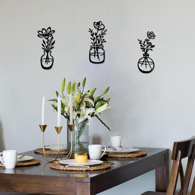 Lufstd Flower Wall Decor, 3 Piece Metal Flower Wall Art, Metal Flowers Wall Decor for Living Room, Bedroom, Dining Room, Bathroom, Kitchen (Matte Black