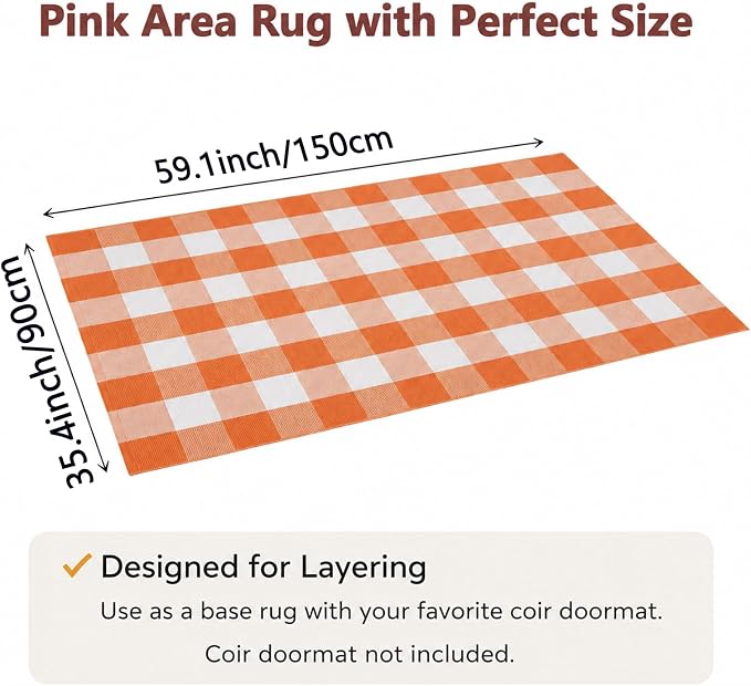 Buffalo Plaid Area Rug, Checkered Rug 3x5 Ft, Orange and White Rug, Washable Cotton Mat for Front Porch, Entryway, Kitchen, Living Room, Fall Decor