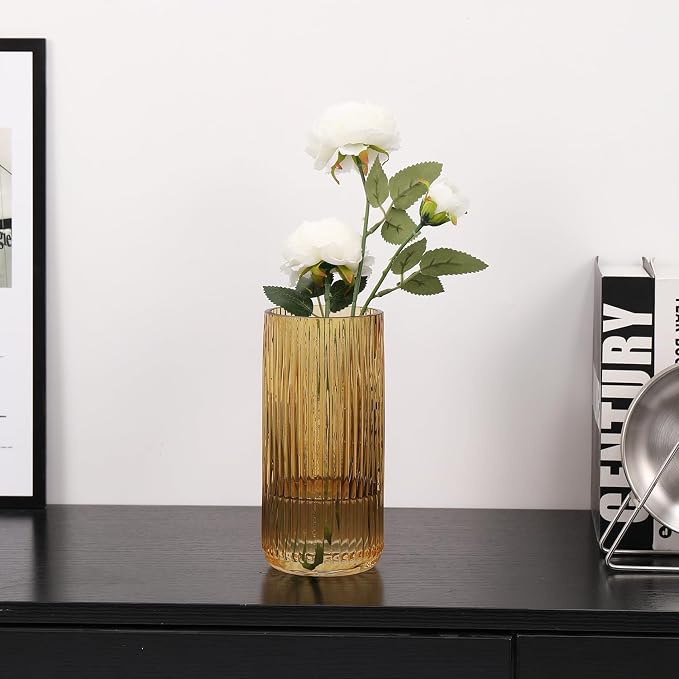 Ribbed Glass Vase, Flower Vases for Bouquet, Amber Glass Vases for Flowers, Modern Ribbed Vase for Living Room, Bathroom, Dining Table, Office, Wedding, Centerpieces, 8 Inches
