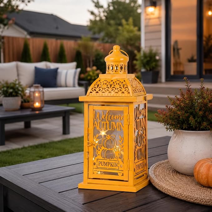 NEEDOMO Fall Decorations for Home, Decorative Candle Lantern for Tabletop Mantel Decor, Vintage Metal Lantern Candle Holders for Indoor Outdoor Decor, Halloween,Thanksgiving,Autumn(Pumpkin)