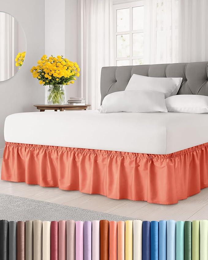 Wrap Around Dust Ruffle Bed Skirt, King Size Beds - 21 Inch Drop, Coral | Easy Fit Elastic Strap, Adjustable Pleated Bedskirt w/Brushed Fabric, Wrinkle & Fade Free, for Women, Men, Kids & Teens