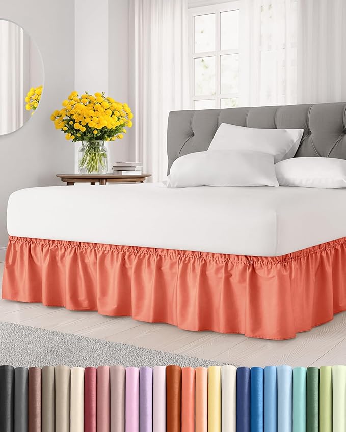 Wrap Around Dust Ruffle Bed Skirt, Queen Size Beds - 21 Inch Drop, Coral | Easy Fit Elastic Strap, Adjustable Pleated Bedskirt w/Brushed Fabric, Wrinkle & Fade Free, for Women, Men, Kids & Teens