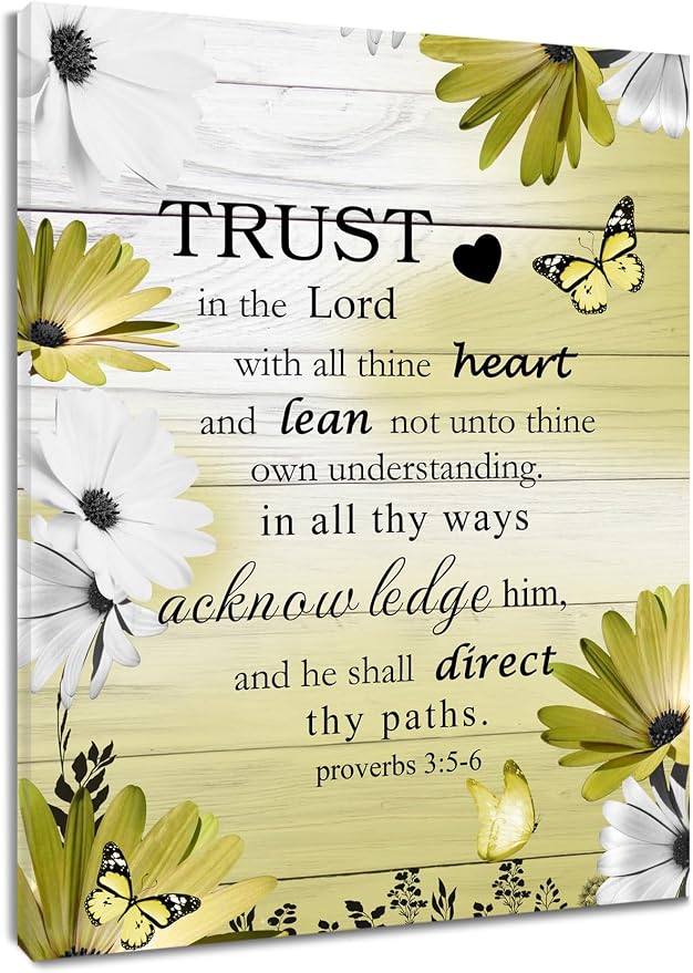 LB Yellow Floral Wall Art for Bathroom Bible Verse on Vintage Grey Wood Canvas Wall Art Wall Paintings Home Decor Wildflower Wall Pictures for Living Room Bedroom Office Ready To Hang, 8x10 Inch