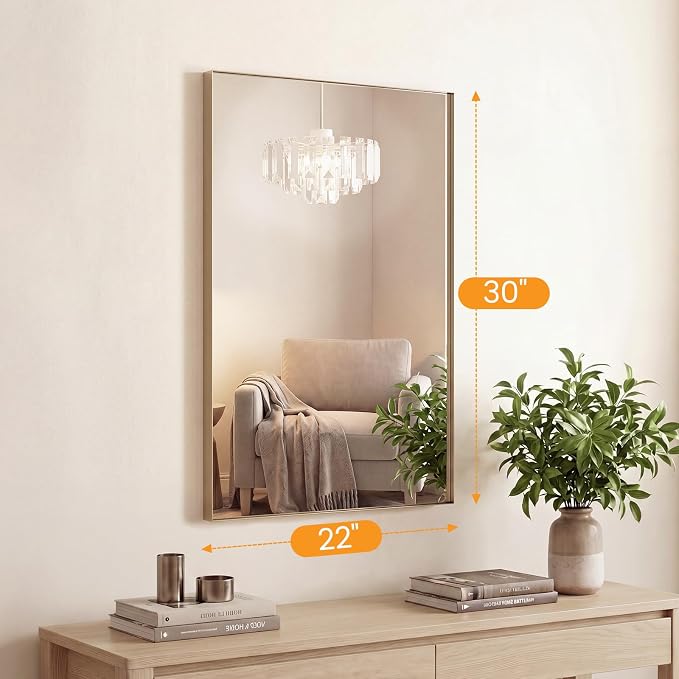 Bathroom Mirrors for Over Sink, 22" x 30" Rectangle Wall Mount Mirror with Metal Frame, Modern Vanity Mirror with Tempered Glass, for Home Decor, Anti-Rust, Gold