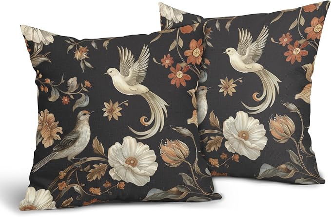 Kawani Vintage Floral Pillow Covers 16x16 Inch Set of 2 Black Chinoiserie Flower and Bird Outdoor Decorative Throw Pillows Retro Rustic Pillowcases Farmhouse Cushion Covers for Couch Home Decor