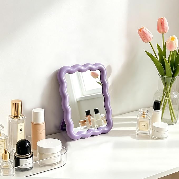 Wave Table Desk Vanity Makeup Mirror Small Make Up Office Mirror Purple | Desk Decor,Cute Mirror,Cute Desk Accessories,Mini Mirror,for Standing Hanging,6.7X5.3Inch,Home Decor