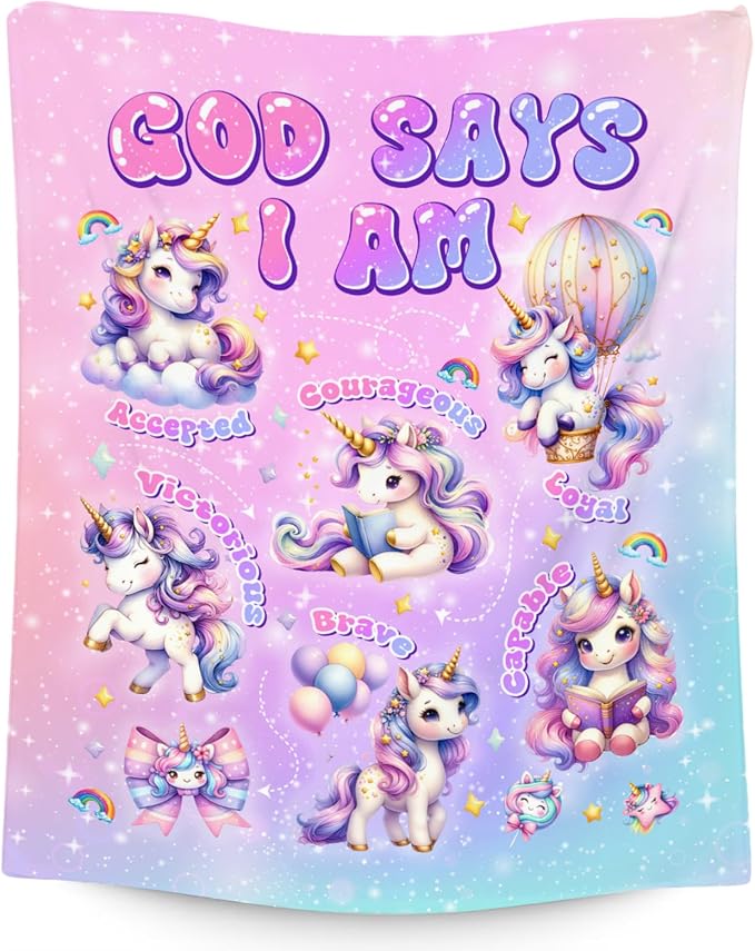 Unicorn Fleece Blanket For Girls, Women, Adults - God Says I Am Blanket For Kids - Inspirational Gift For Her & Daughter - Soft Plush For Couch, Office - 40"x50"