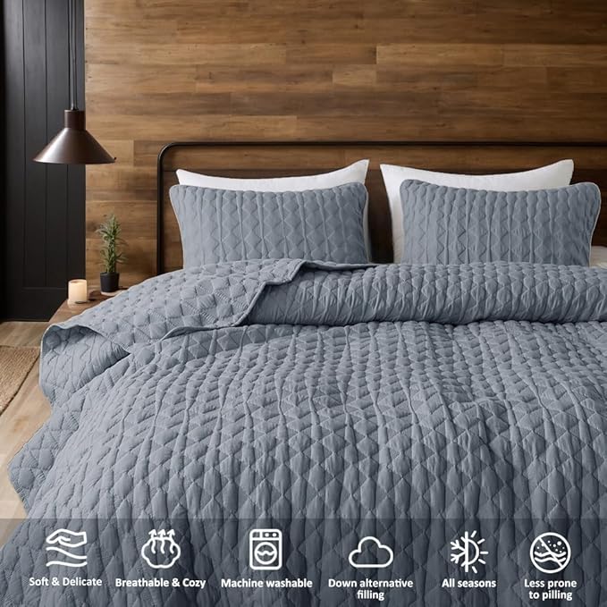 WDCOZY Blue Twin Quilt Size Bedding Sets with 1 Pillow Sham, Lightweight Soft Bedspread Coverlet, Quilted Blanket Thin Comforter Bed Cover for All Season, 2 Pieces, 68x90 inches