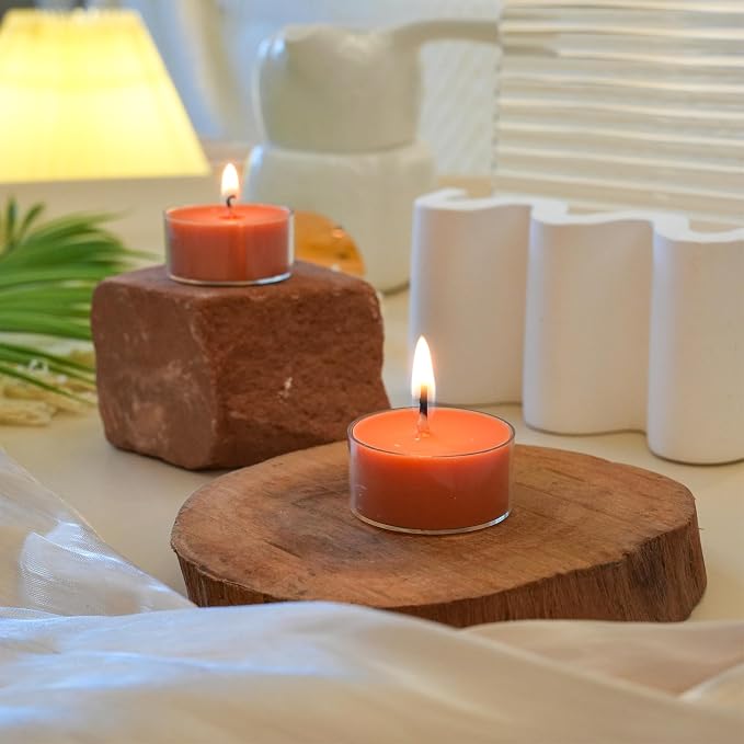 12 Orange Unscented Natural Soy Tealight Candles in Clear Cup