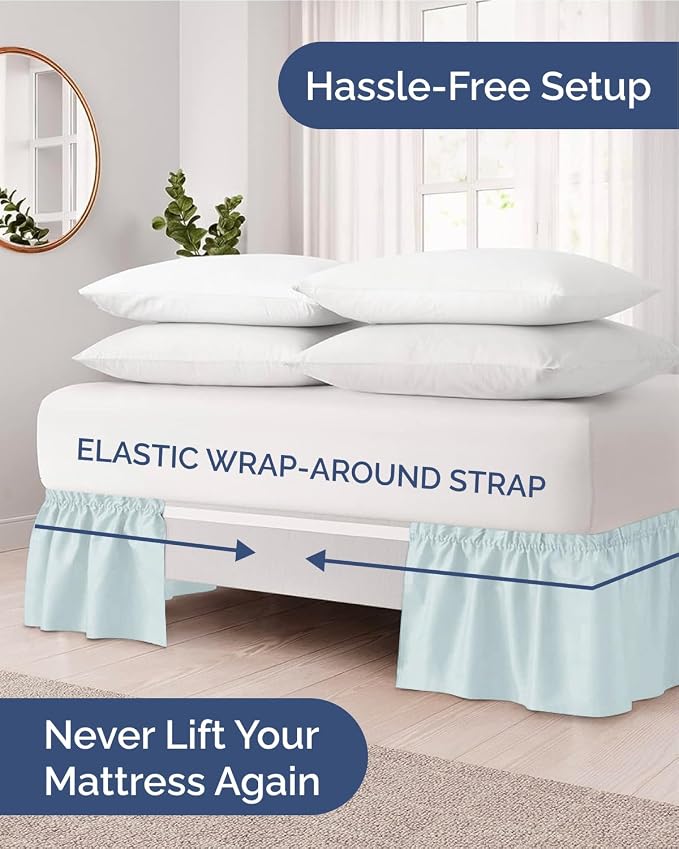 Wrap Around Dust Ruffle Bed Skirt - College Dorm Room - Twin/Twin XL | Ice Blue, 15 Inch Drop, Elastic Strap & Adjustable Pleated Bedskirt, Wrinkle Free, for Women, Men, Students, Kids & Teens
