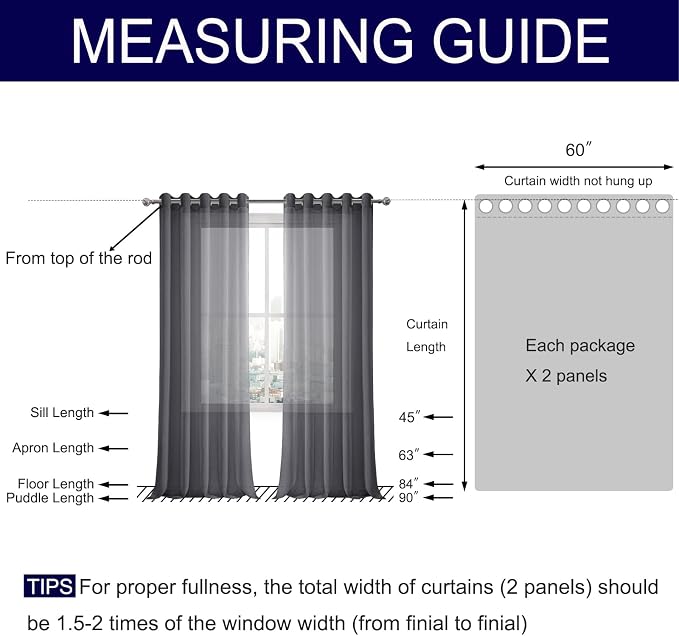 DWCN Gray Semi Sheer Curtains, Grommet Top Window Sheer Drapes for Bedroom Living Room, Faux Linen Look Voile Transparent Solid Sheer Curtains Set of 2 Panels 60 x 63 Inches Long, Dark Gray