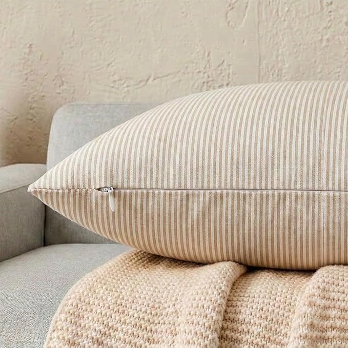 Farmhouse Brown Khaki Decorative Striped Throw Pillow Covers 18x18 Set of 2 | Soft Fall Brown Striped Pillow Covers 18 x 18,Cottage Core Decor, Vintage Brown Fall Pillows, Neutral Christmas Pillow Covers