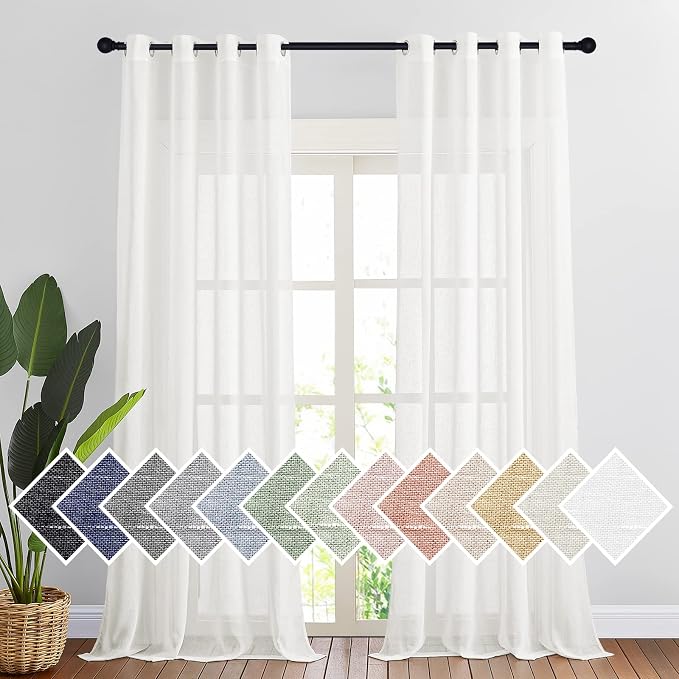 NICETOWN Thick Linen Sheer Curtains for Privacy Protection, Grommet Rustic Flax Window Treatment Semi Sheer Drapes with Light Penetration for Farmhouse/Patio Door, Ivory, W52 x L96, Set of 2