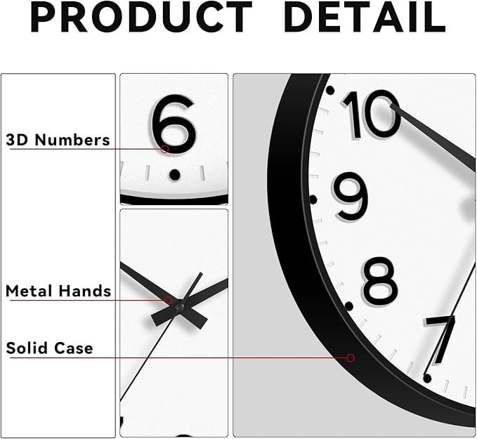 Roymnie 12 Inch Wall Clock Battery Operated Silent Non Ticking Analog | Black modern analog; large 3D easy-read dial for kitchen, office, bathroom & bedroom; 1 AA battery (not included)