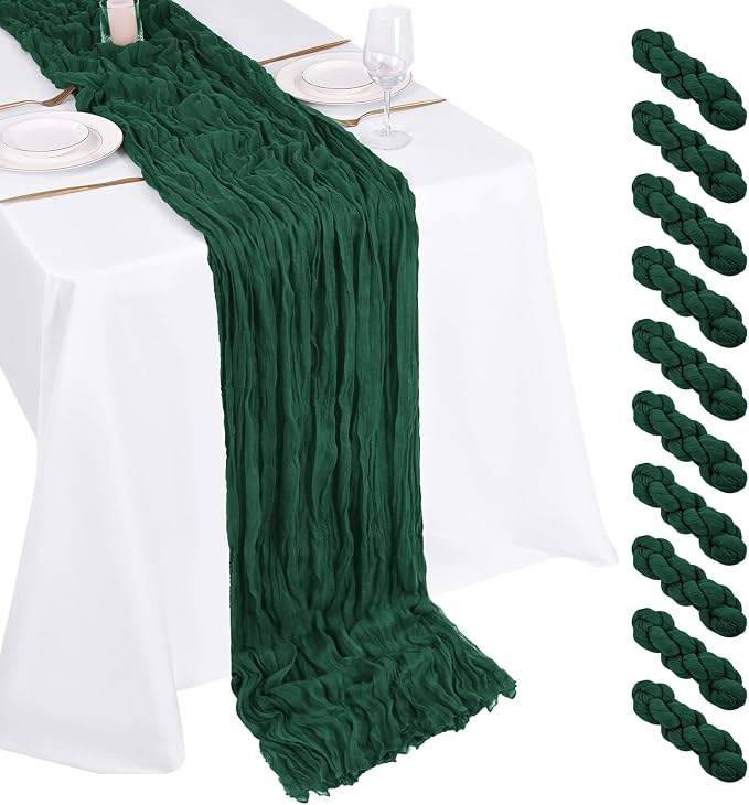10 Pack Emerald Green Cheesecloth Table Runner 17x108 Inch Boho Gauze Cheese Cloth Table Runners for Wedding Party Baby Shower Birthday Home Decor