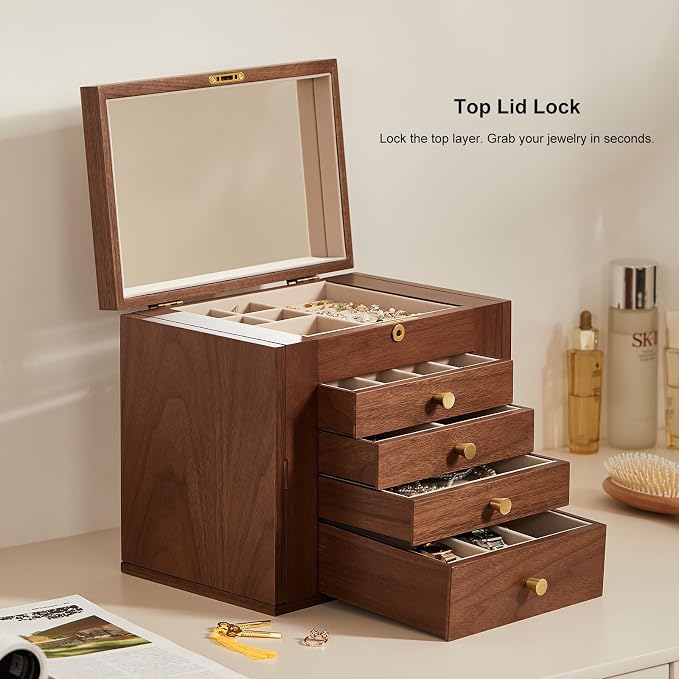 Black Walnut Wooden Jewelry Box for Women, 5 Layer | With Mirror, Lockable Top Lid, Velvet-Lined, Large Wood Jewelry Organizer For Watch Necklace Ring Earring, Gift