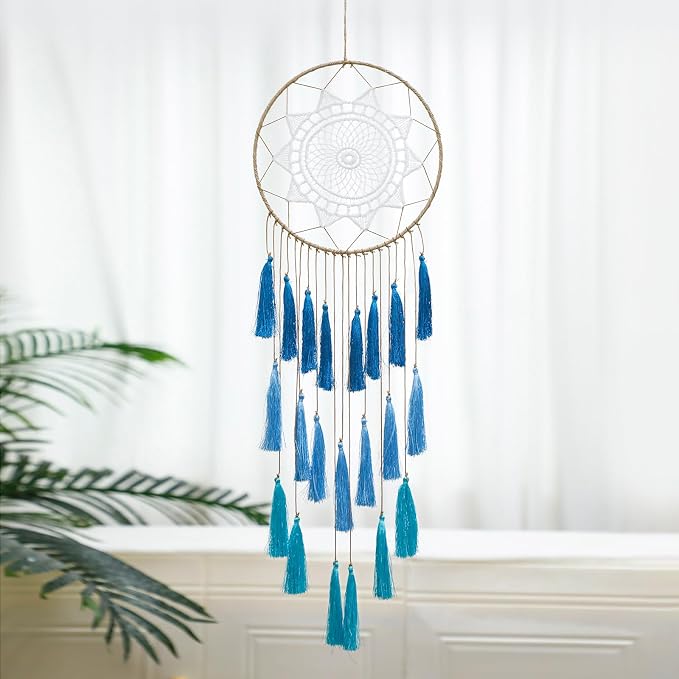 Artilady Macrame Dream Catcher Wall Hanging, Blue Large Boho Bedroom Decor