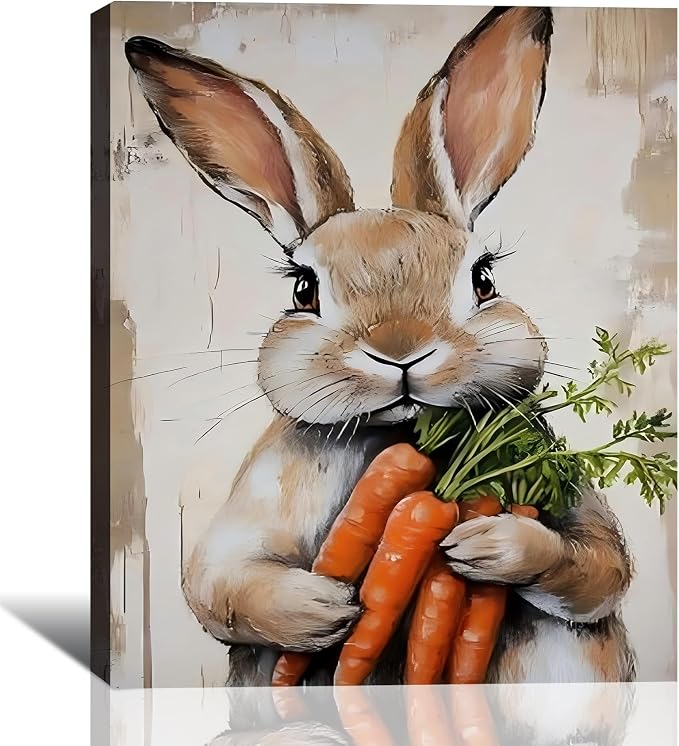 RIBNTAK Large Easter Bunny Carrot Canvas Wall Art 20x30, Framed Cute Rabbit Prints Picture for Living Room, Rustic Farmhouse Spring Wall Decor, Kids Room Holiday Easter Decoration