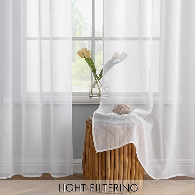 MIULEE Semi White Linen Textured Sheer Curtains 42W×72L Rod Pocket 2 Panels | Semi Transparent, Farmhouse, Window Net Panels with Rod Pocket for Bedroom Living Room