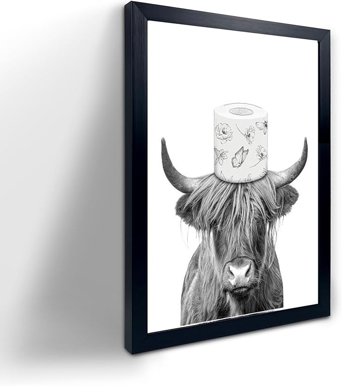 YongArt Black Framed Bathroom Decor - Funny Highland Cow Wall Art in Bathtub, 8x10''