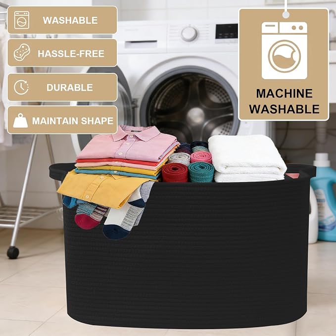 96L Woven Laundry Basket with Handles, Extra Blanket Basket,Black | 24"×16"×15" Collapsible Cotton Rope Storage Basket for Toys Clothes & Pillows, Nursery, Bathroom, Bedroom, Living Room