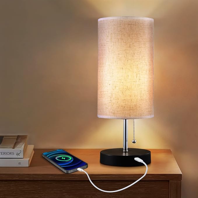Siljoy Modern Desk Lamp, USB Table Lamp, Bedside Table & Desk Lamp with Black Wooden Base & Soft Ambient Lighting, Useful USB Charging Ports Perfect for Table in Bedroom Living Room or Office