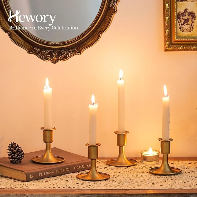 Gold Taper Candle Holder Set of 12, Hewory Short Skinny Brass Candlestick Holders, Vintage Small Low Metal Candles Sticks for Wedding Centerpieces Christmas Birthday Party Holiday Dinning Table Decor