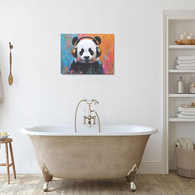 Crekviy Banksy Panda Wall Art Street Graffti Panda Wall Decor Funny Animal Canvas Prints Painting Artwork Decorations for Bathroom Bedroom Living Room Framed Gifts 12"x16"