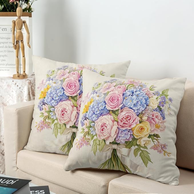 Spring Summer Floral Pillow Covers 22x22 Pink Rose Blue Hydrangea Throw Pillow Covers Exquisite Bouquet Pillow Case Flowers Cushion Case for Living Room Couch Sofa 2 Pack