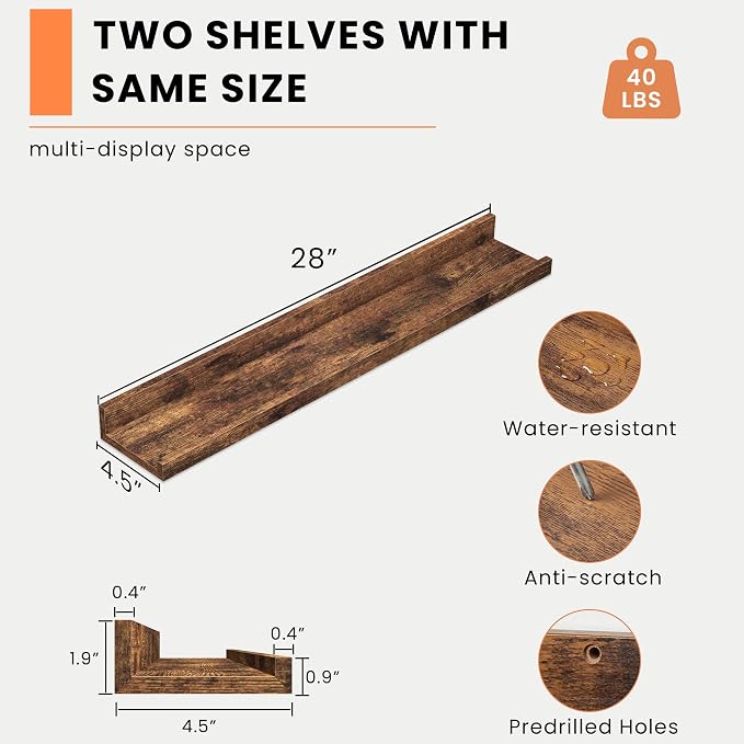 Heimlove Picture Ledge Shelf, Floating Shelves Set of 2, 27.56Inches Picture Shelf for Wall with Ledge, Kids Bookshelf Wall Mounted for Living Room Bedroom Decor Books Photo Frames - Rustic Brown