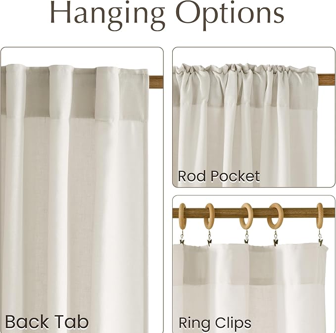 NICETOWN Linen Blend Bone White Curtains 96 inches Long, Rod Pocket & Back Tab Light Filtering Semi Sheer Window Treatments Privacy Added Drapes for Bedroom, W55 x L96, 2 Panels