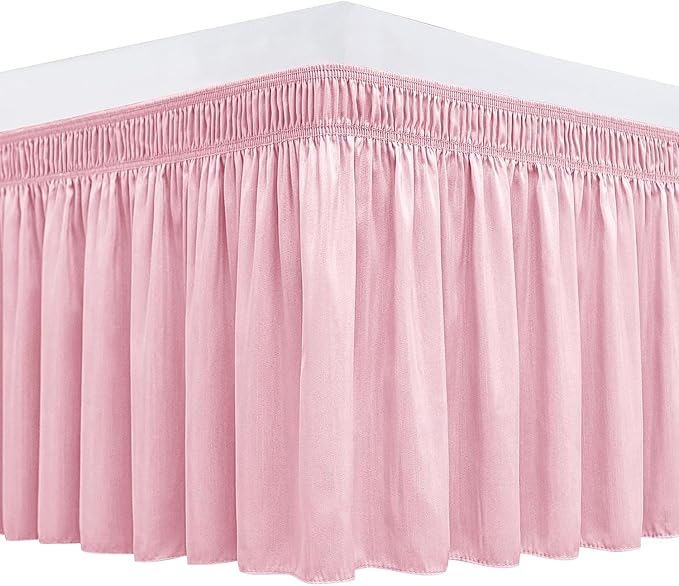 Wrap Around Queen Size Bed Skirt 15 Inch Drop-Elastic Dust Ruffle Pink | Adjustable Pleated Bedskirt-Easy Fit Wrinkle Resistant Washable Hotel Quality Fabric Bed Skirting-Master Guest Bedroom Rental