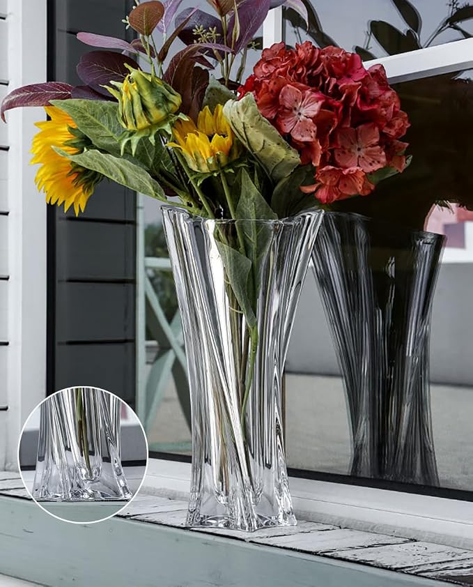 Crystal Glass Vase – Heavy Crystal Vase for Flowers with Weighted Bottom, Thick Durable Decorative Vases for Modern Home Decor, 9.8″ 3.5lb Clear Centerpiece (Transparent)
