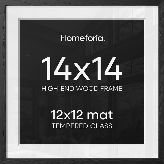 Homeforia 14x14 Black Oak Picture Frame, High-End Wood, 12x12 Mat, Glass