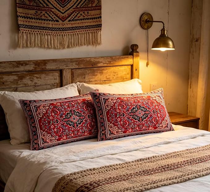 Boho Rectangular Throw Pillow Covers 12x20 Inch, Vintage Red Oriental Floral Decorative Lumbar Cushion Cases, Bohemian Ethnic Design Pillowcases for Sofa Couch Living room Bed Home Decor, Set of 2